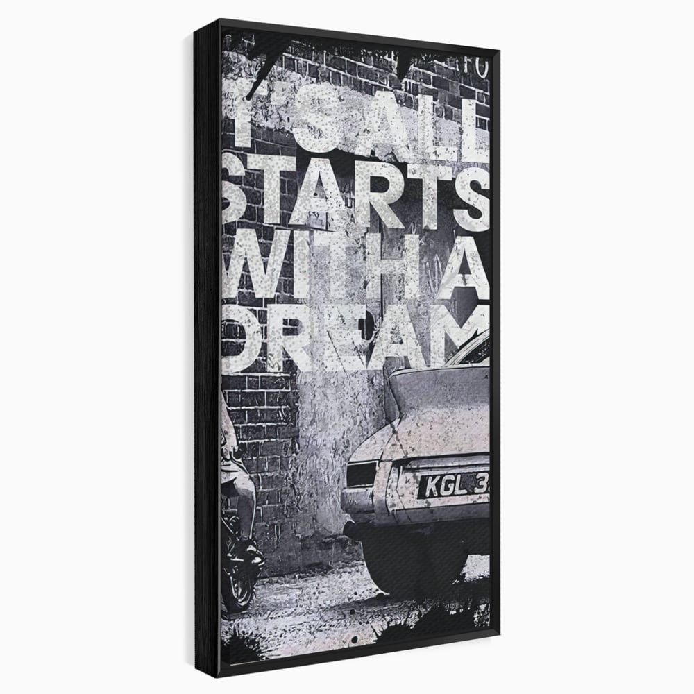 Tablou canvas cu tablou motivational alb-negru cu text si masina, in rama de aluminiu negru